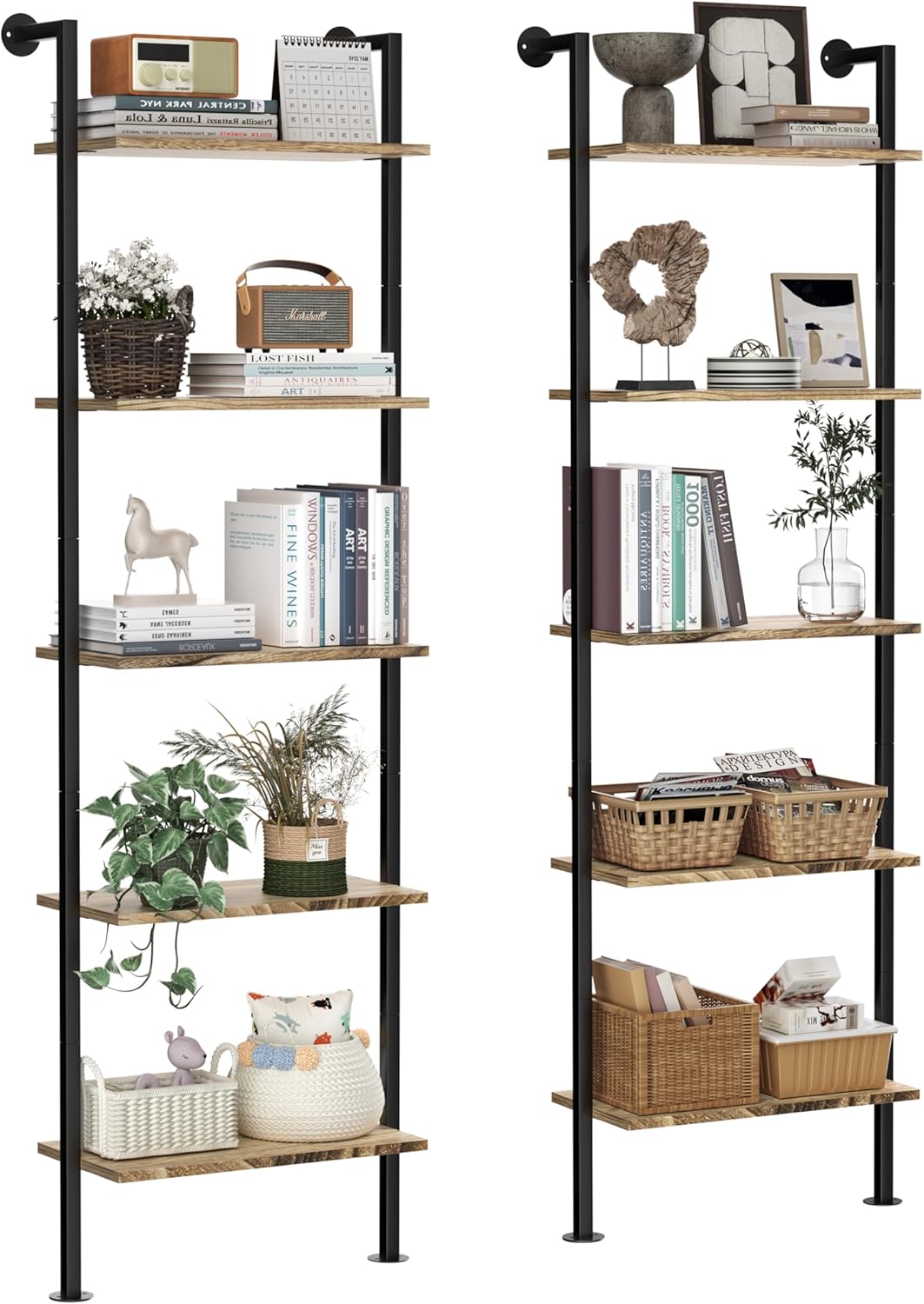 5-Tier Solid Wood Bookshelf, Narrow Book Shelf Set of 2, Wall Mount Ladder Shelf, Storage Rack for Living Room, Bedroom, Industrial Style, Rustic Brown