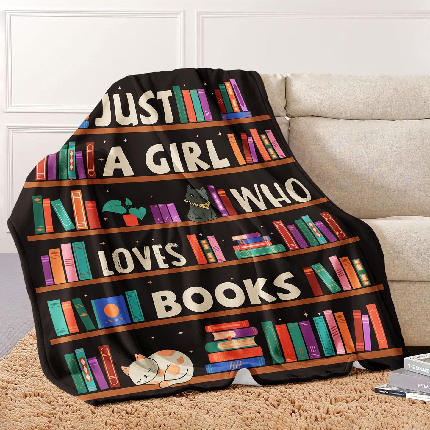 Reading Lover Blanket, Just A Girl Who Loves Books Blanket, Soft Warm Cozy Fleece Throw, Gifts for Girls Teens Kids, 60"x80", Black