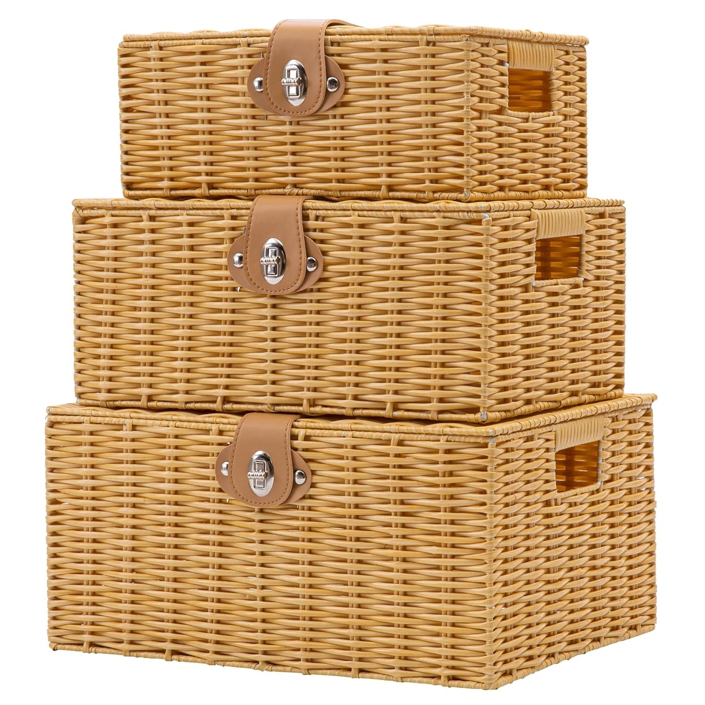 Wicker Storage Baskets with Lids, Set of 3 Decorative Storage Boxes For Organizing, Woven Baskets with Leather Lock and Handles (Beige)