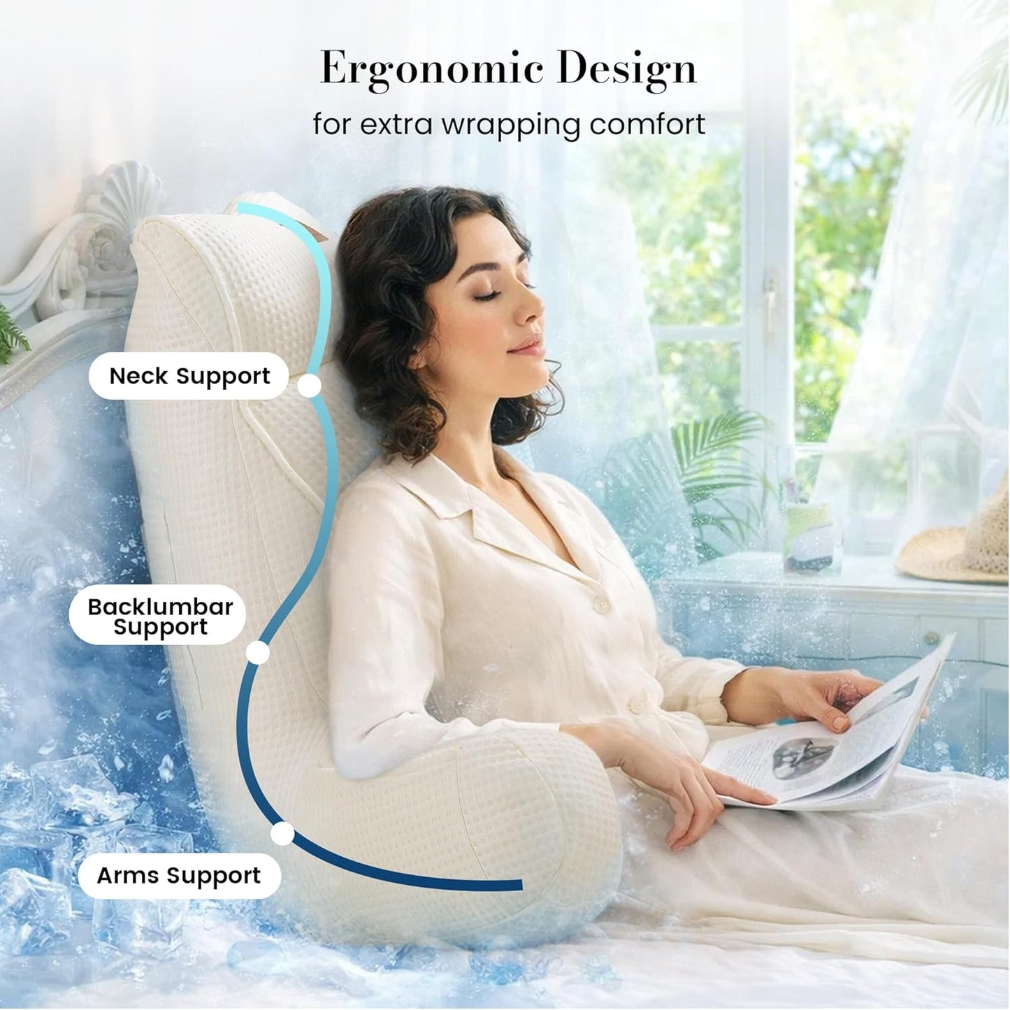Amélie Home Premium Cooling Waffle Reading Pillow, Qmax>0.37 Ergonomic Backrest Support with Pocket & Handle, Breathable Lounging Pillow for Bed Sofa Floor Summer, 29 Inches, Ivory