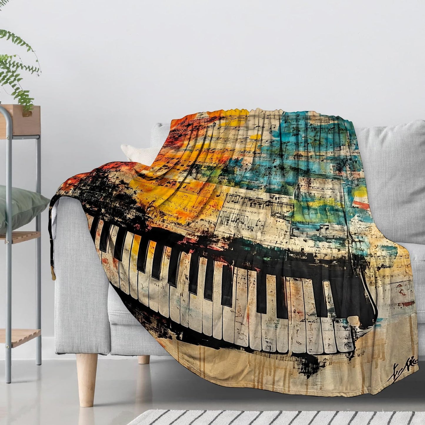 Abstract Piano Flannel Throw Blanket 50x60 Inch, Colorful Sheet Music and Keyboard Art Design Blankets Soft Cozy Fleece Throws for Musical Lover Bed Sofa Dorm Living Room Decor Gifts