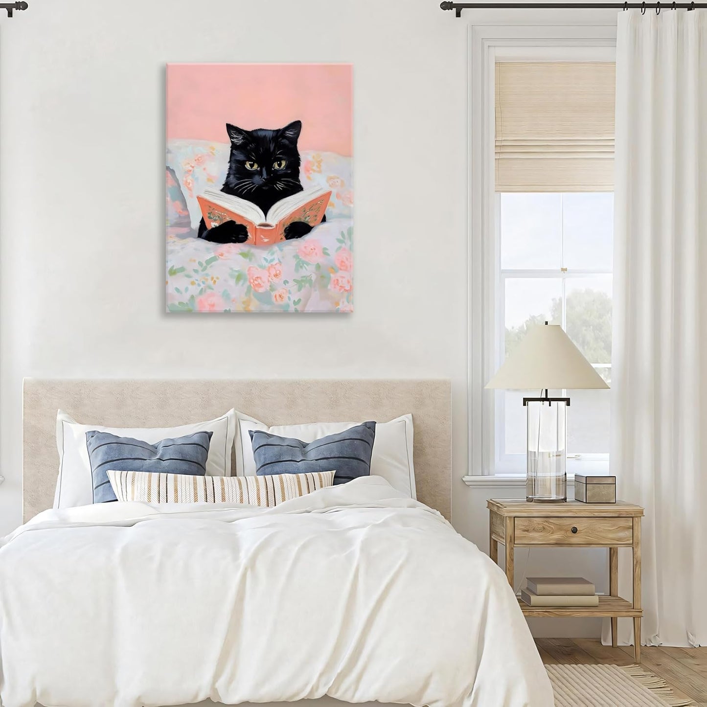 Framed Cats Canvas Wall Art, Funn Black Cat Reading Books Picture Wall Decor, Pink Vintage Animal Poster Prints for Girls Room Bedroom Kids Room Living Room Bathroom Decor 16x24 inch