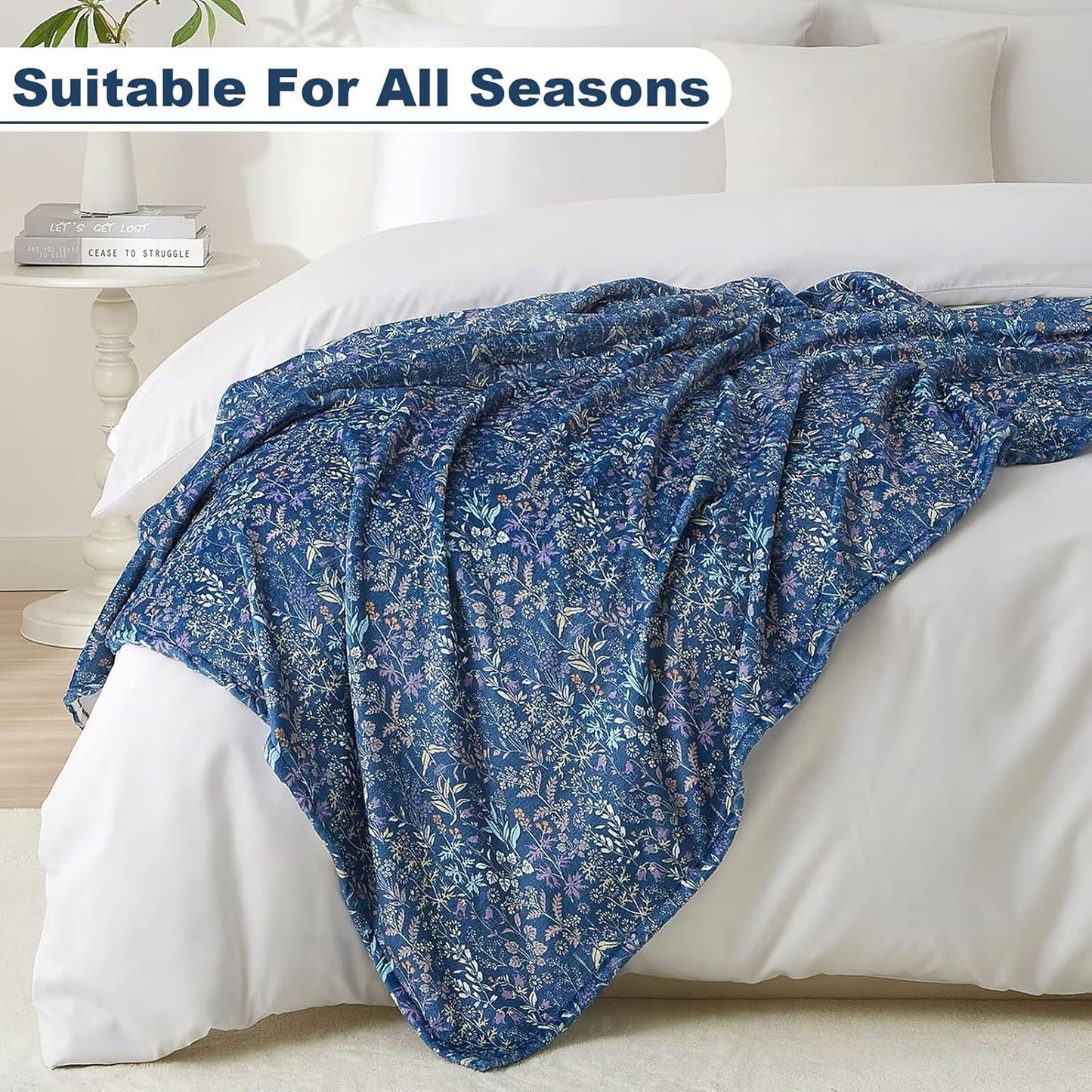 Navy Blue Flannel Throw Blanket for Couch Sofa Bedroom All Season Use Lightweight Floral Fleece Autumn Fall Thin Throw Blankets for Office Naps Travel Soft Cozy Warm Blanket for Women
