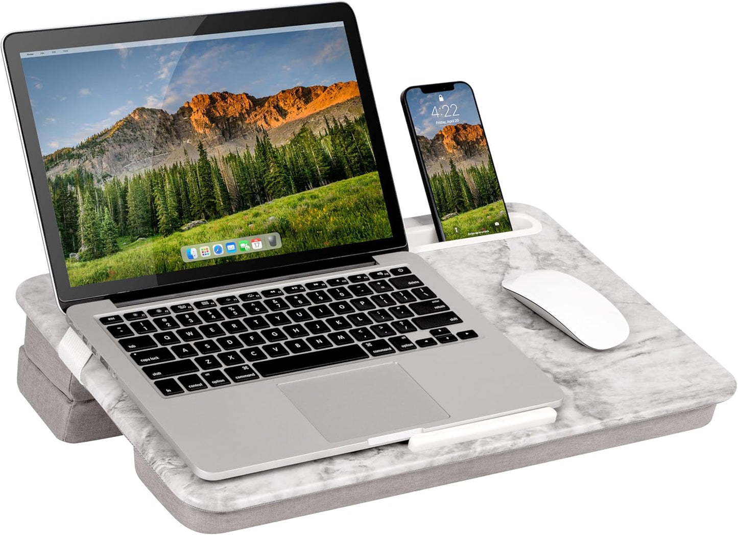 LAPGEAR Elevation Lap Desk with Device Ledge, Phone Holder, and Booster Cushion - White Marble - Fits up to 15.6 Inch Laptops - Style No. 87966