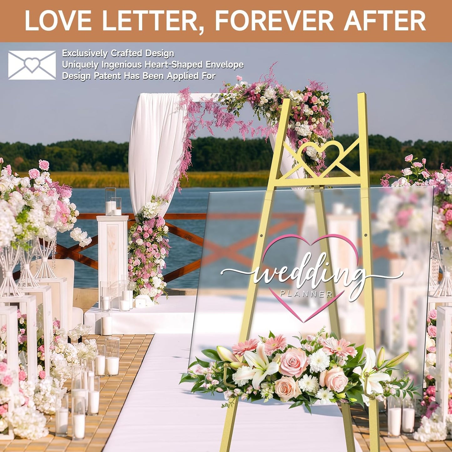 55" Gold Easel Stand for Sign, Heavy Duty Display Easel with Adjustable Chain, Heart-Shaped Envelope Design Art Easel for Paintings, Wedding Sign, Posters, Mirrors, Artwork Etc