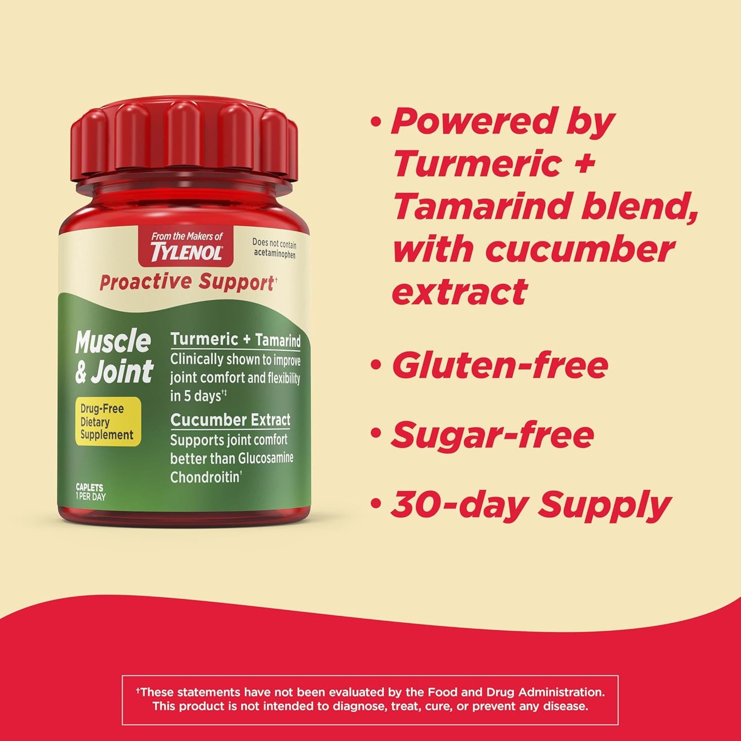 Tylenol Proactive Support* Muscle & Joint Supplement, Drug-Free Daily Turmeric Supplement + Tamarind + Cucumber Extract, Improves Joint Comfort & Flexibility in 5 Days*, 30 ct