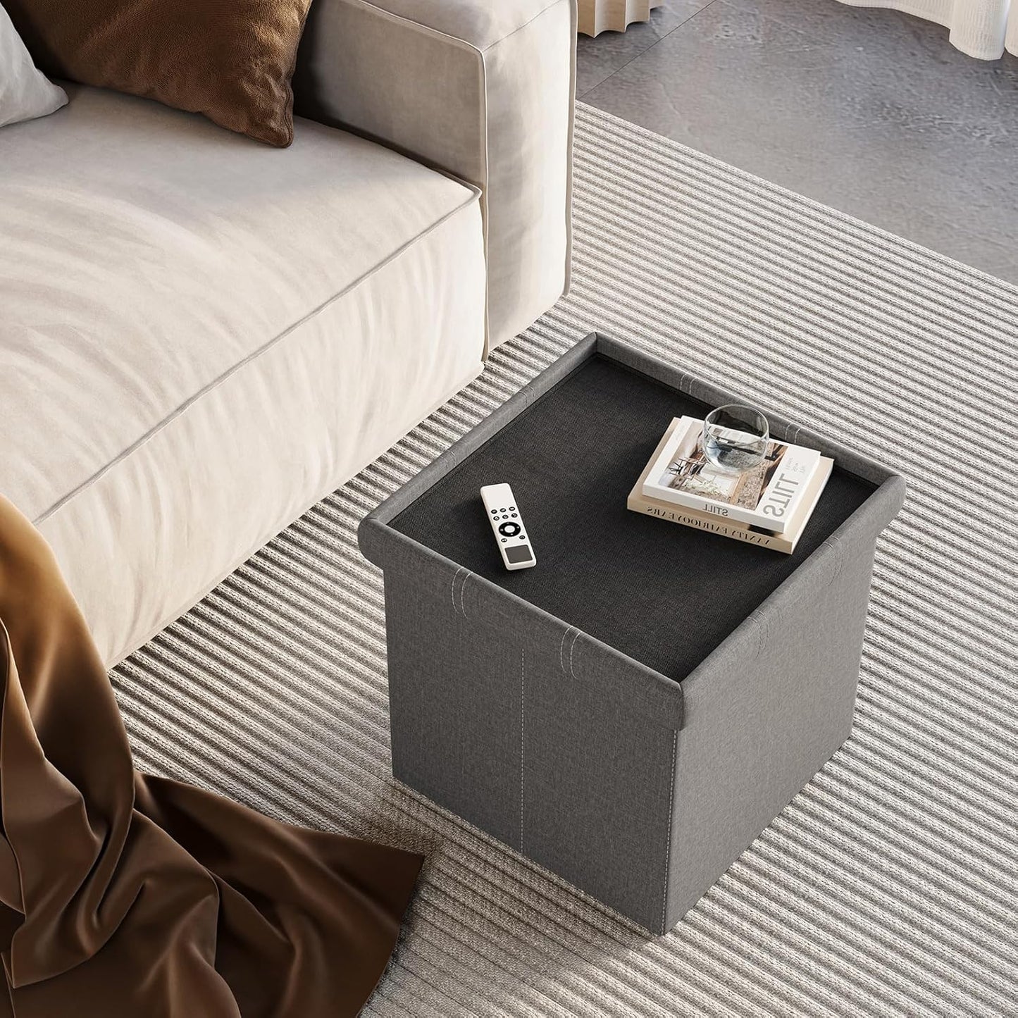 YOUDENOVA 15 inches Storage Ottoman Cube, Foldable Storage Boxes, Padded Seat for Dorm Living Room, Support 300lbs, Line Fabric Grey
