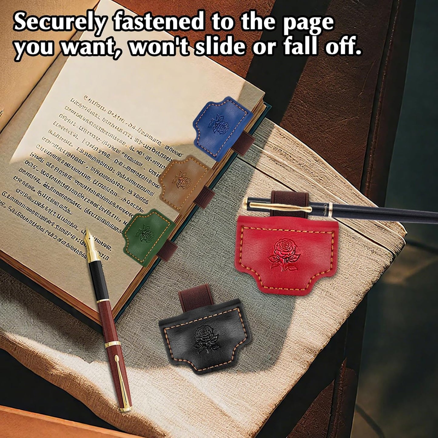2pcs Bygone Marks Bookmarks With Pen Holder, Personalized Magnetic Leather Book Mark Carved with Roses For Reading, Fancy Gift of Reading Accessories Page Holder Marker For Book Lovers Teacher Student