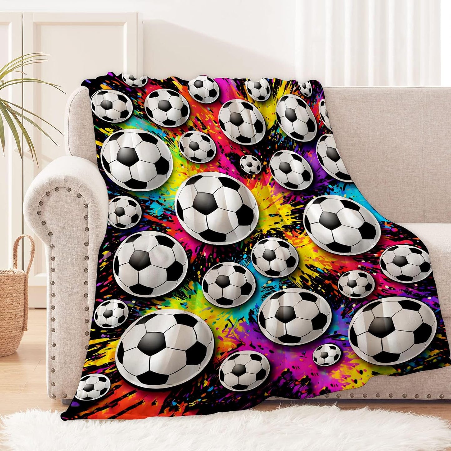 Soccer Blanket for Sports Lovers and Fans, Colorful Splash Flannel Blankets, Players Team Soccer Gifts, Soft Warm Cozy Throws for Sofa Couch Bed Living Room Bedroom Home Decor 60" x 50"