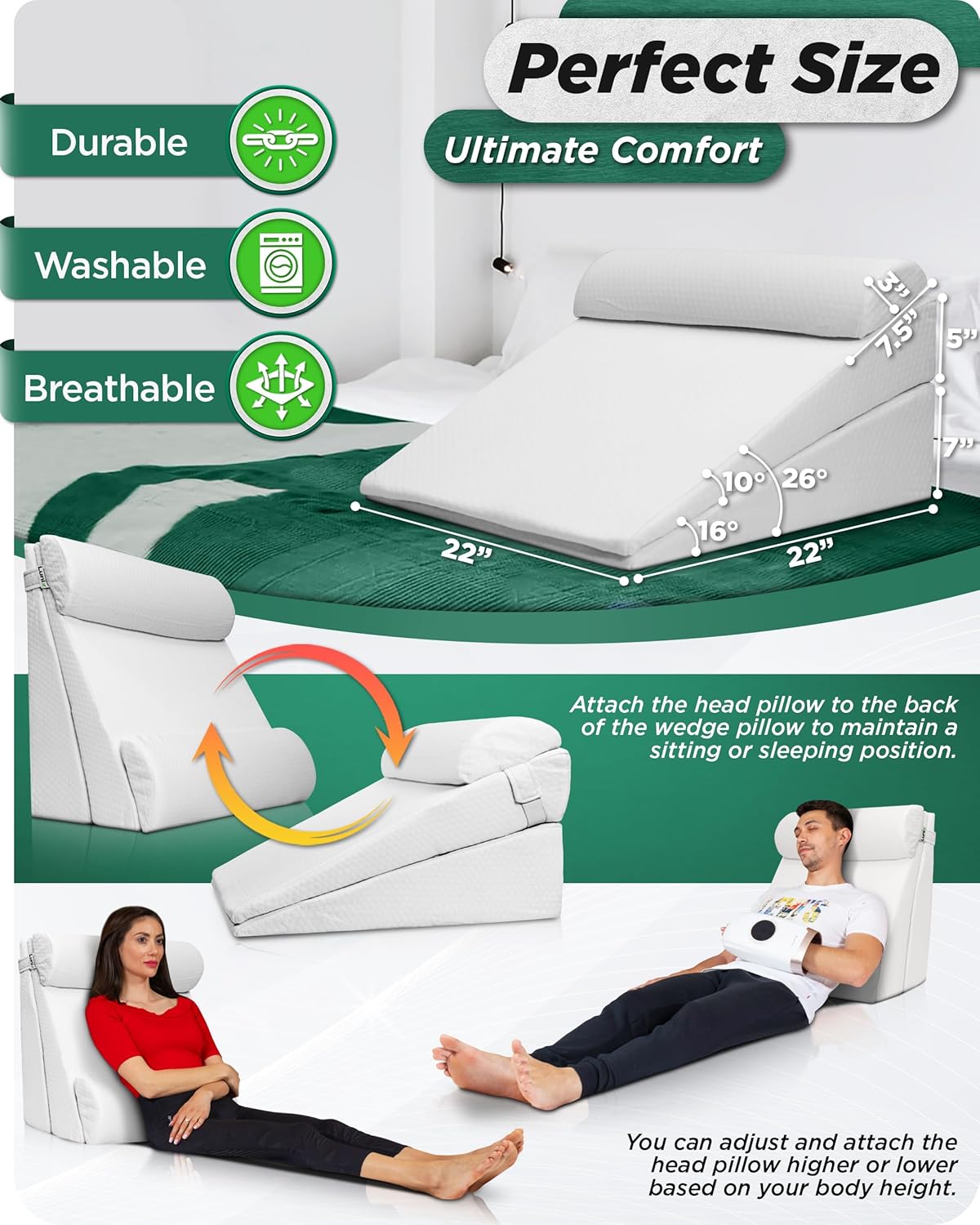 Lunix LX8 FSA 4-Piece Support for Nighttime Digestive Discomfort & Easier Breathing, Adjustable Height Orthopedic Bed Wedge Pillow Set, Memory Foam, Washable Cover, Pebble White
