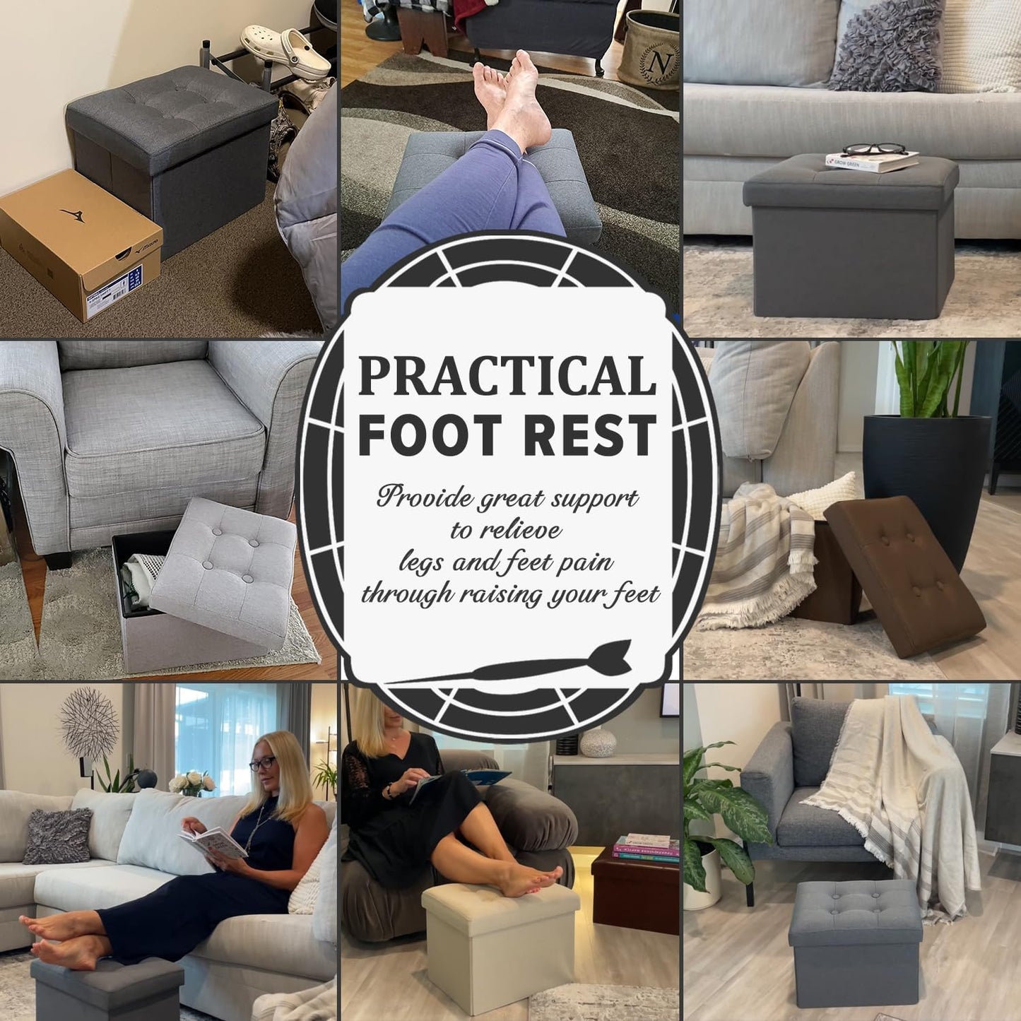 LINMAGCO Small Storage Ottoman Stool Foot Rest Stool Under Desk Stool Short Folding Ottoman Linen Cloth Dark Gray 17X13X13IN