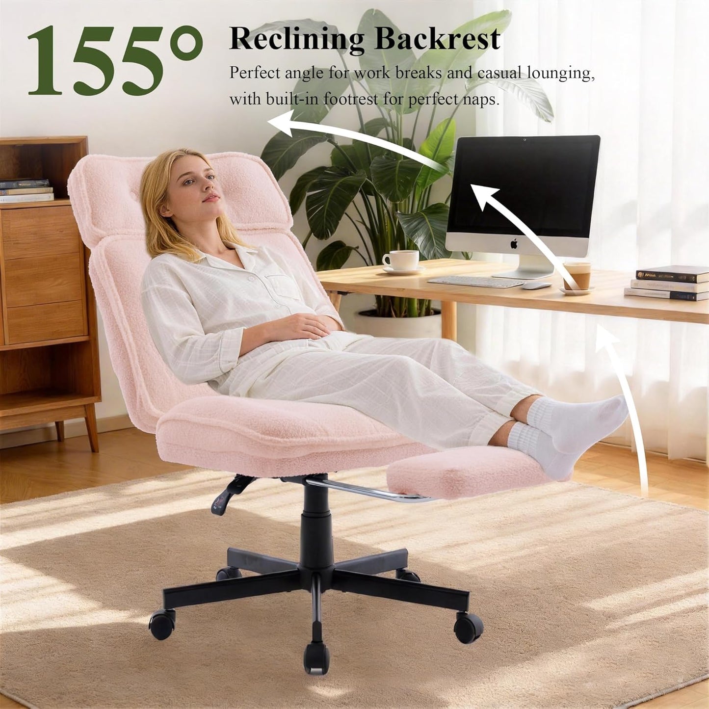 Criss Cross Chair with Wheels, Wide Seat Cross Legged Office Chair with Footrest, Adjustable Headrest & Reclining Backrest, Upholstered Ergonomic Desk Chair for Home Office, Gaming, Vanity (Pink)