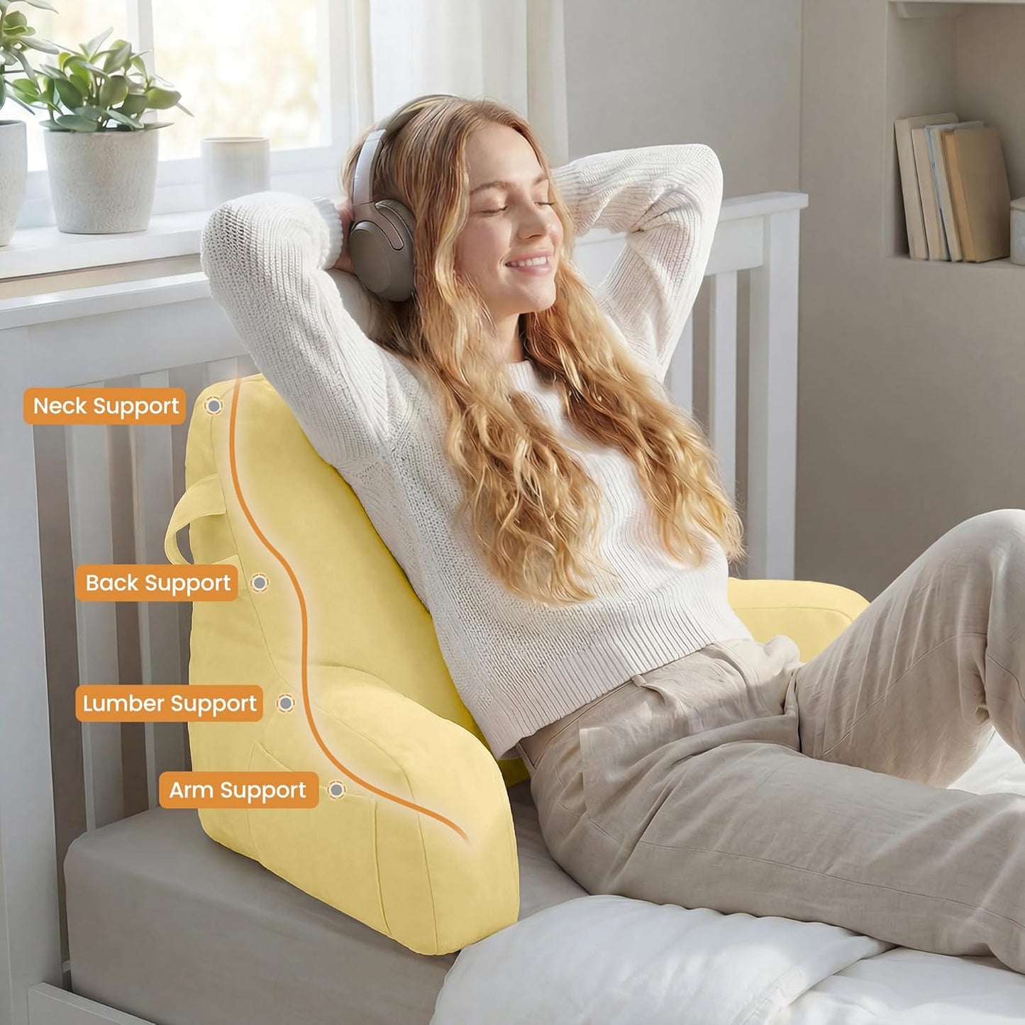 Portable Comfy Reading Pillows for Bed Sitting Up(Yellow Oeko-Tex), Velvet Back Pillow with Arms & Pockets for Adults, Support Memory Foam Bed Pillow for Dorm/Reading/Watching/Gaming