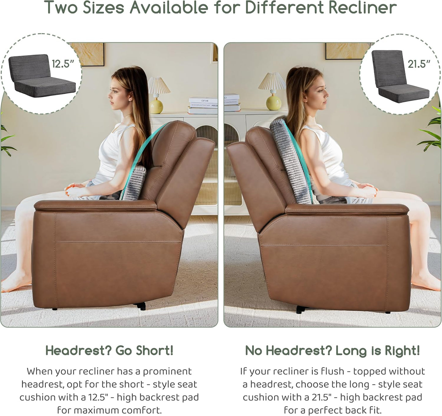 HIGOGOGO Corduroy Recliner Chair Cushion with Lumbar Support Pillow Soft Non-Slip 4" Thick Seat Pad Prevent Buttocks & Back Pain in Seniors (Grey, 12" Backrest)