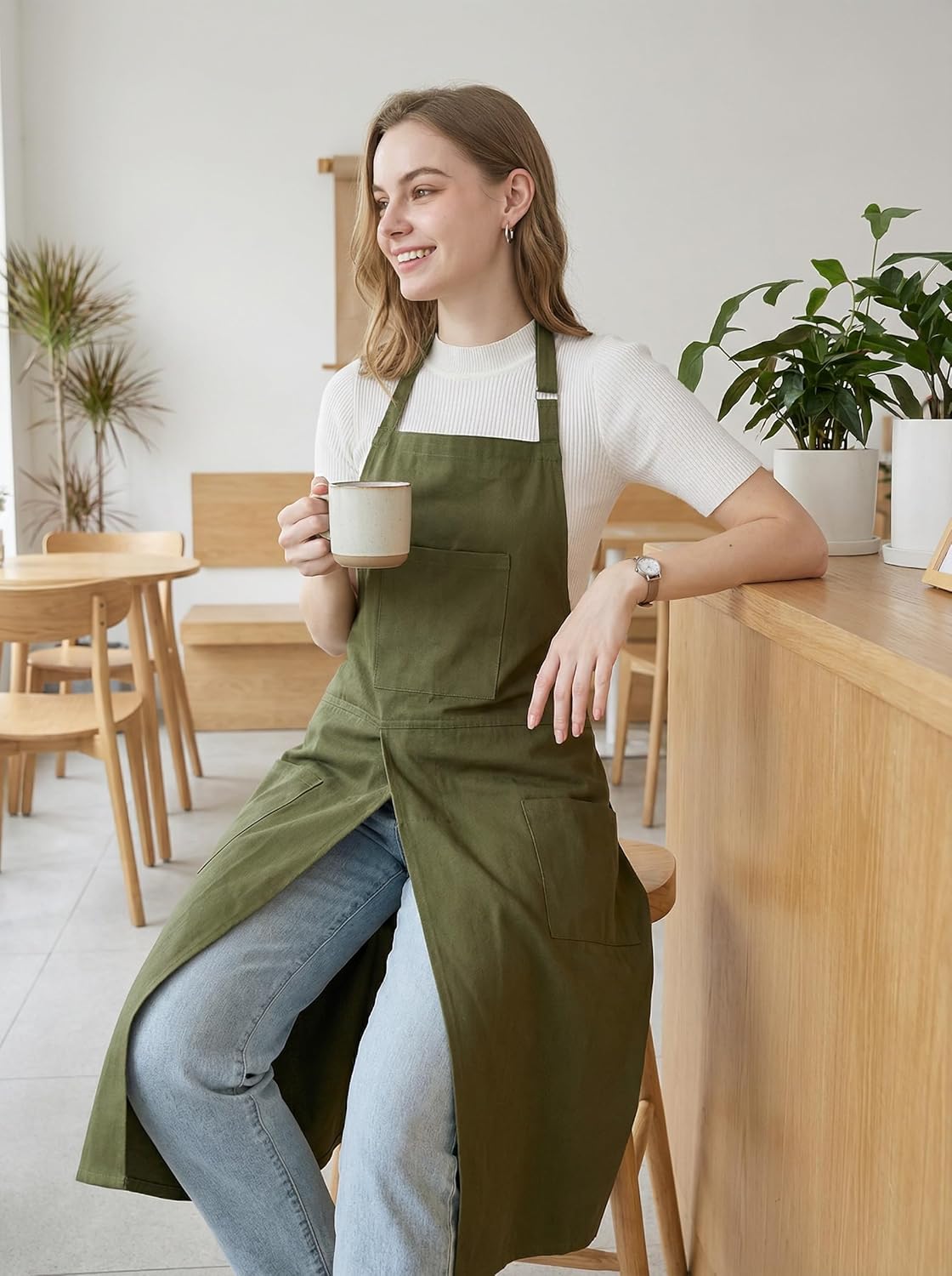Molaxhome Split Apron with 3 Pockets,Unisex Pottery Apron with Adjustable Strap for Kitchen Ceramics