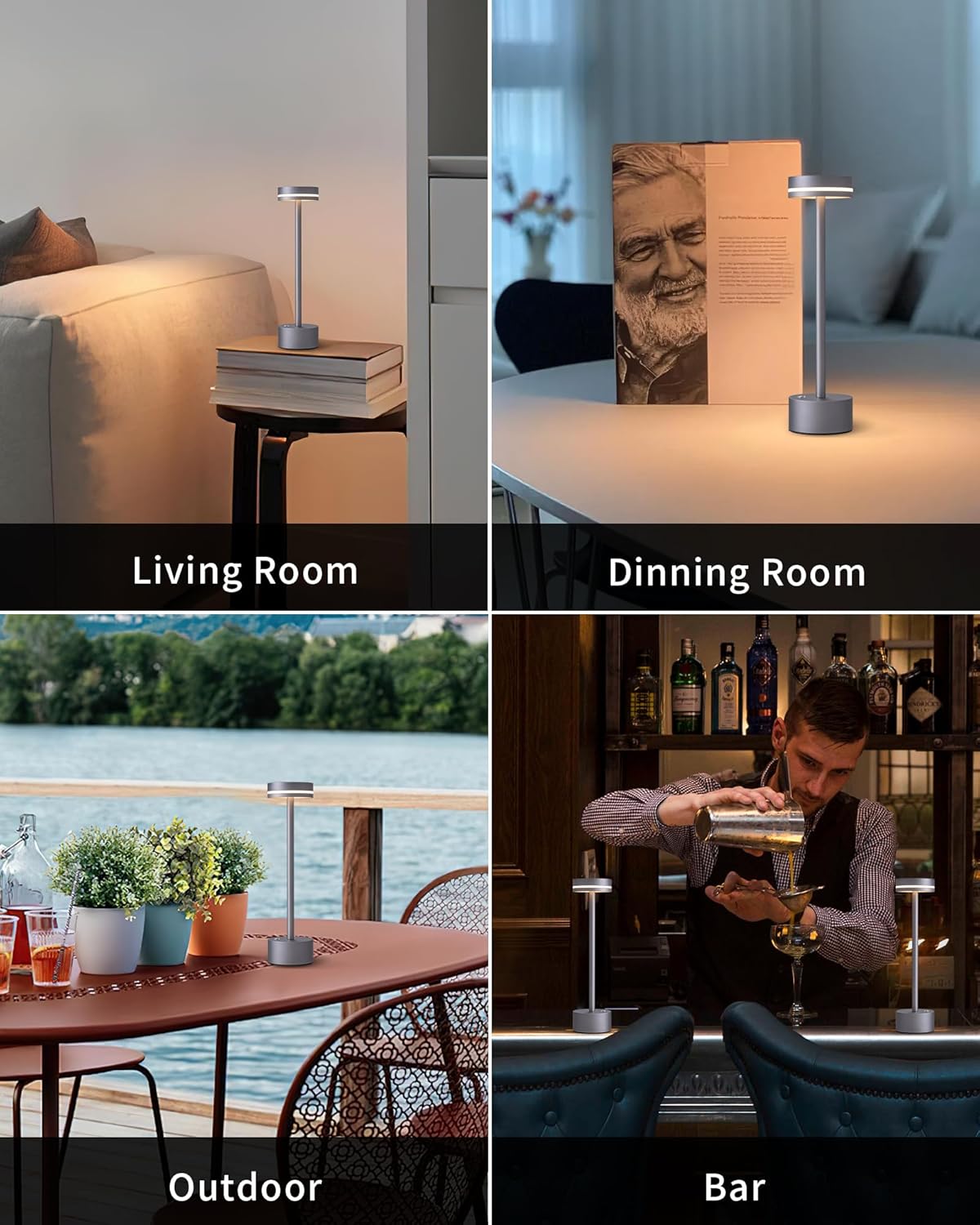 PUSU Portable Table Lamp Battery Powered LED Lamp Cordless Table Lights 3-Level Brightness Touch Control, for Home Office Bedroom Hotel Room Restaurant Outdoor(Gray)