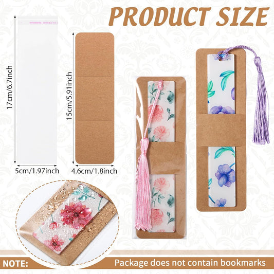 Honoson 100 Set Bookmark Holders Gift Set Kraft Paper Bookmark Sleeves Transparent Self Adhesive Bag DIY Blank Cover Display Cards for Wrapping Small Business Supplies Reading Party Favor