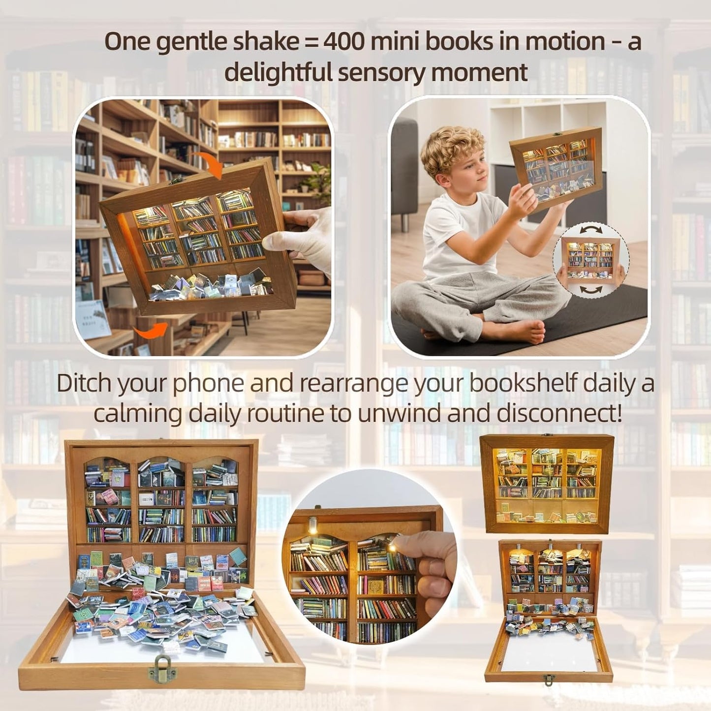 Anxiety Bookshelf with 6 Decorative Mini Lights and 400 Mini Book Pieces, Miniature Bookshelf, Book Organizer for Office Desk, Library Decor for Tiny Home and Bookish Spaces, 10.2 x 9.1 x 3.1 in