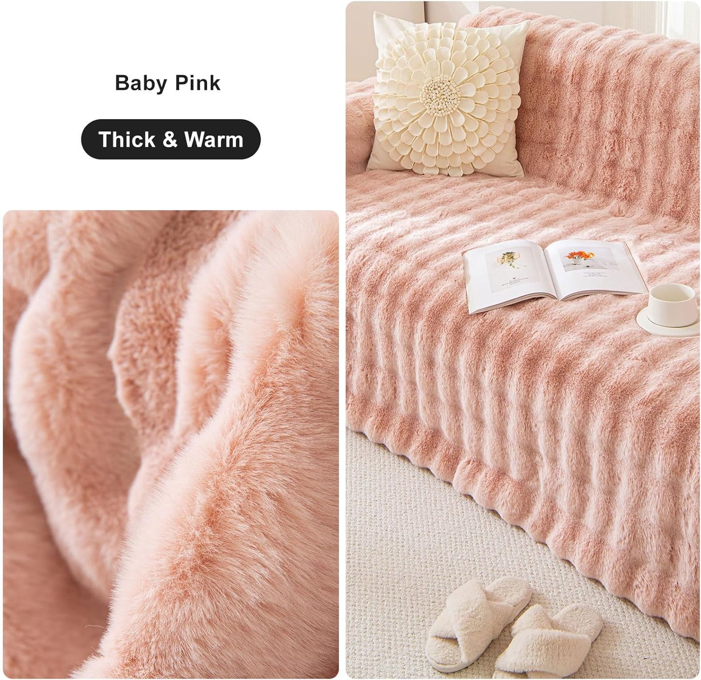 Pink Faux Fur 1 Piece Couch Cover Fluffy Sofa Slipcover Ultra Soft Universal Sofa Cover Cozy Sofa-Bed Throw Blanket Washable,71x134’’ for Dogs Pets Kids