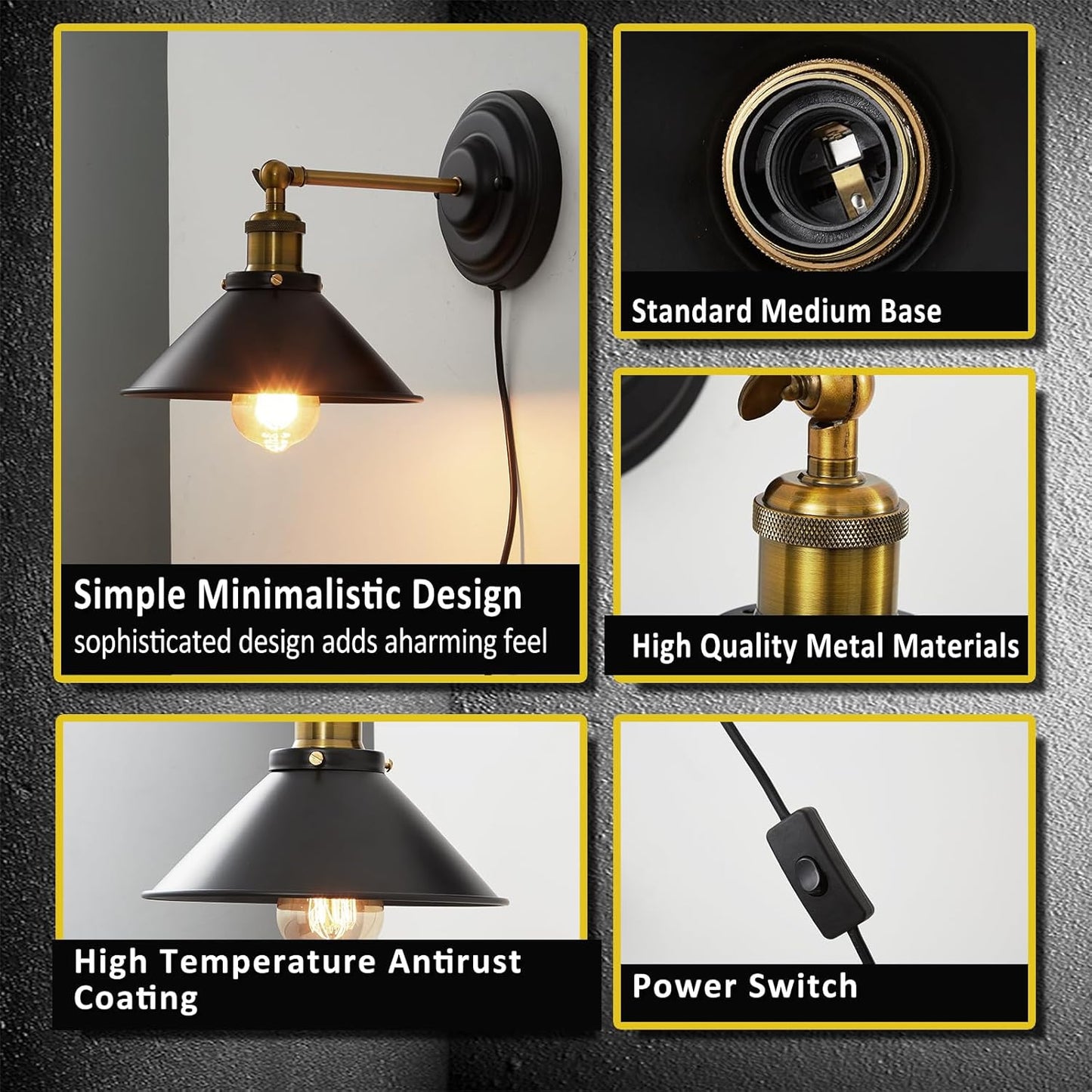 Lightess Plug in Wall Sconces Set of 2, Vintage Plug in Wall Light with 6FT On/Off Switch, Rotatable Mounted Lamps for Bedroom Living Room