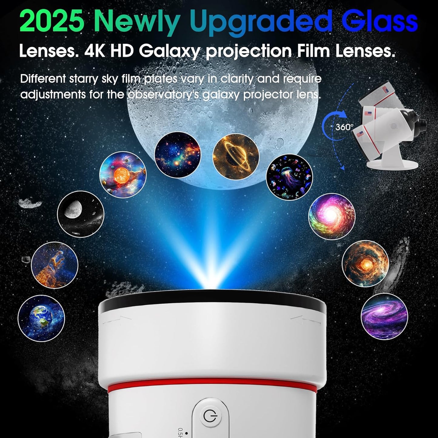 Galaxy Projector，Upgraded 4K HD Star Projector Lens, 10 Slides Image Planetarium BedRoom Lights，Ceiling Lights 360° Rotation 1/2/4Timer off &8 LED Color Night Light，for Bedroom, for Adults Kids