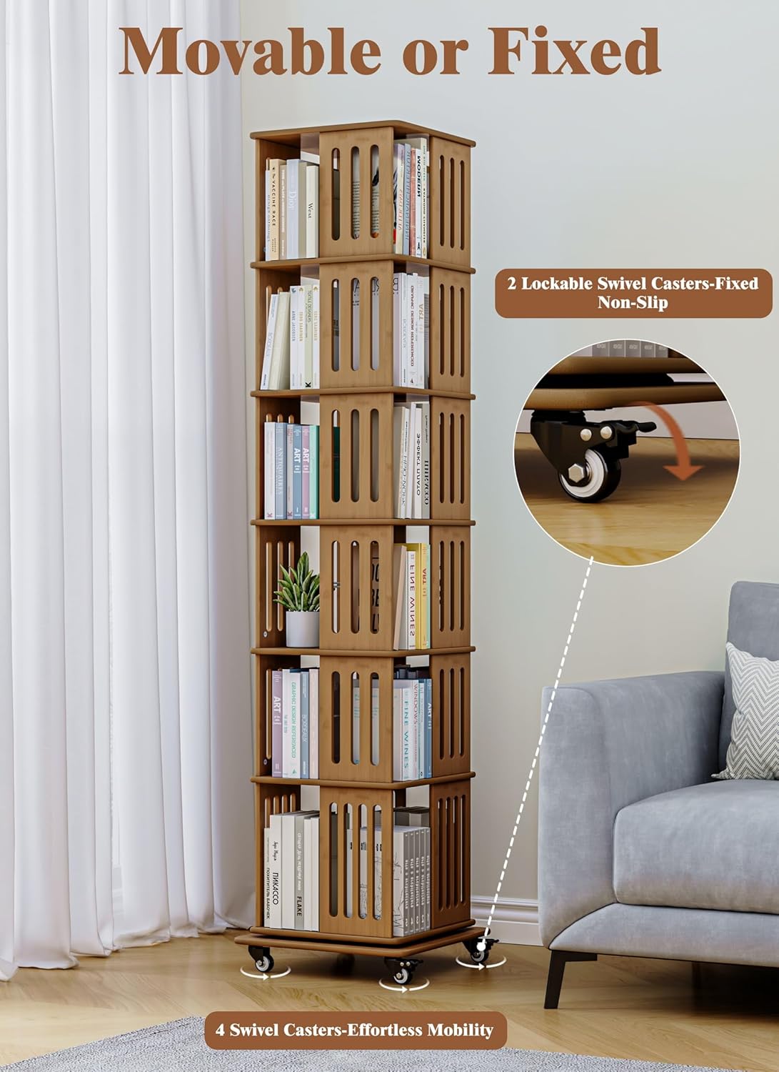 Baoz 6 Tier Square Rotating Bookshelf, 360 Display Spinning Bookcase Organizer with Bamboo, Corner Floor Standing Storage Rack for Small Space, Bedroom, Living Room, Home Office