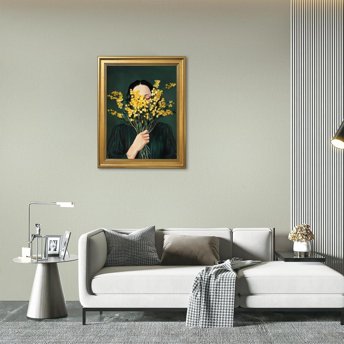 Large Framed Woman Portrait Canvas Wall Art Vintage Dark Moody Goldenrod Floral Feminist Painting Poster Victoria Female Yellow Flower Nature Emerald Green Artwok Prints Home Decor 24x36inch