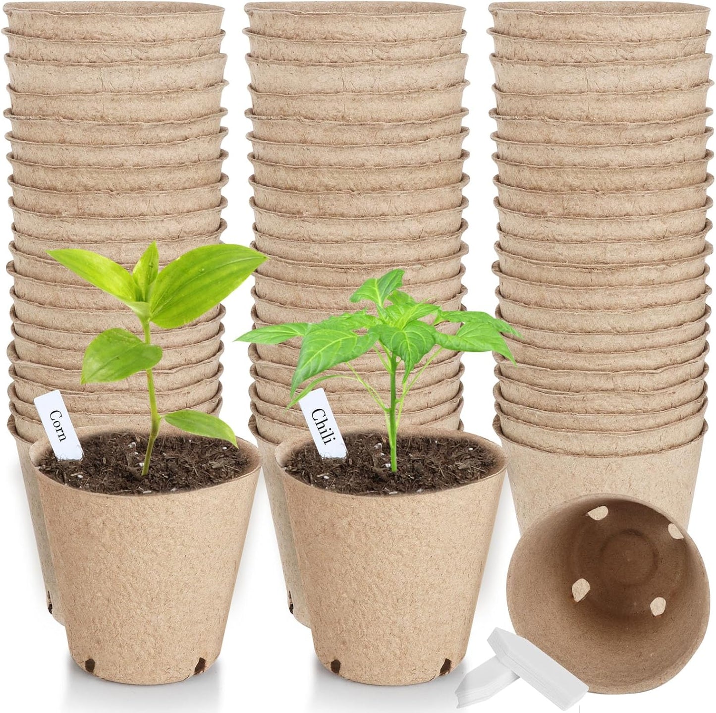 65 Pcs Organic Peat Pots, 3.15 Inch Nursery Pot, Round Plant Seedling Pots with Drainage Holes, Small Seed Starting Starter Tray Bulk, Garden Germination Container with 65 Planting Labels