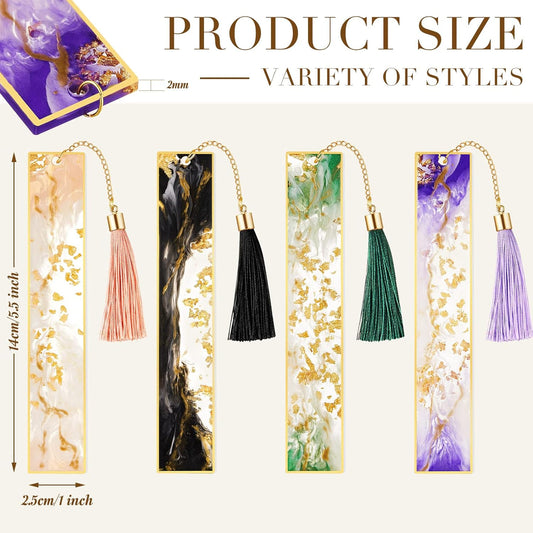 4 Pieces Resin Bookmarks Handmade Resin Gilt Bookmarks with Tassels Presents for Women Kids Students Teachers and Book Lovers School Home Reading(Bright Color)