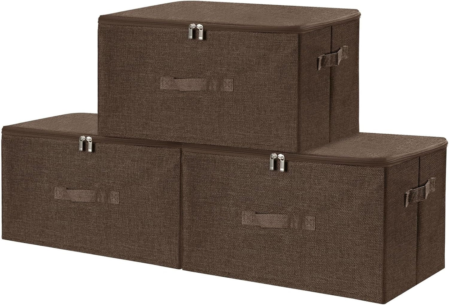 ANMINY 3PCS Storage Bins with Zipper Lids 36 Qt Lidded Fabric Storage Boxes Baskets Cubes with Handles Collapsible Washable Cotton Linen Closet Shelf Clothes Organizer Containers - Coffee, Large