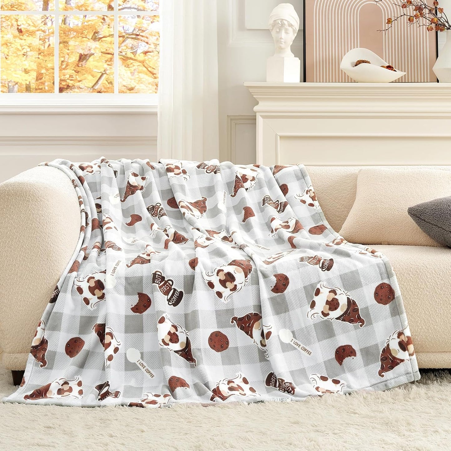 Cozy Bliss Gnome Coffee Throw Blanket - Warm MilkyPlush Throw Blankets,Ultra Soft Cozy Blankets for Couch,Sofa and Bed,Grey,60X80inches