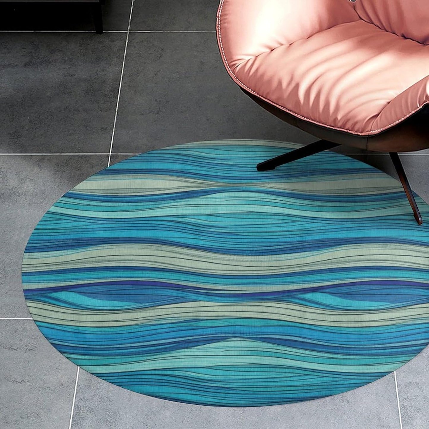 Ocean Stripe Pattern Circle Rug Retro Luxury Coral Velvet Floor Mat Non Slip Soft Indoor Floor Carpet Comfy Thickened Area Rugs Modern Aesthetic Minimalist Carpets for Home Decor
