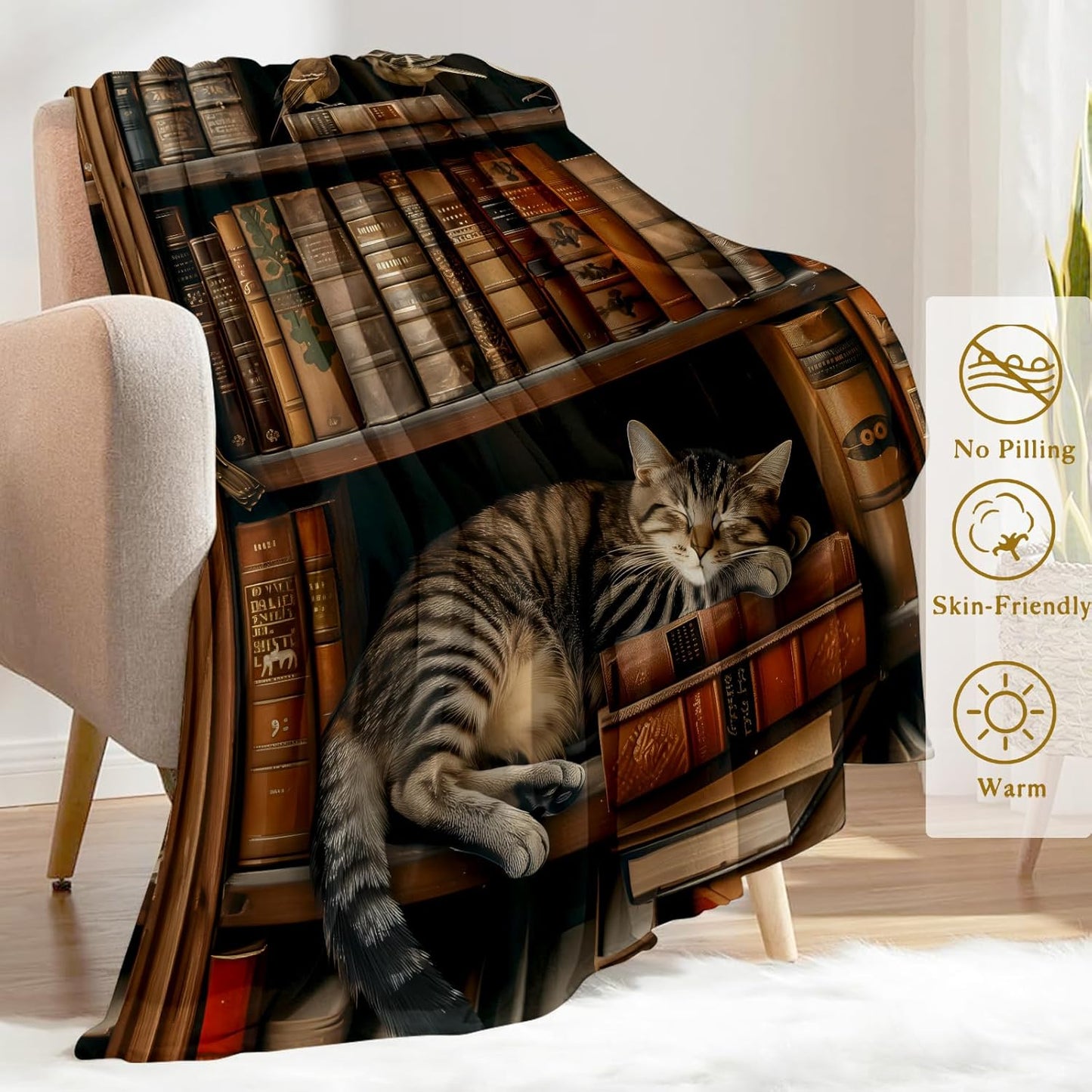 Book Flannel Blanket - Adorable Cat Napping on Bookshelf Throw,Playful Gifts for Adult & Library Lovers, Ultra Soft & Warm,Lightweight, for Couch Bedroom Living Room Modern Decor 60x80in
