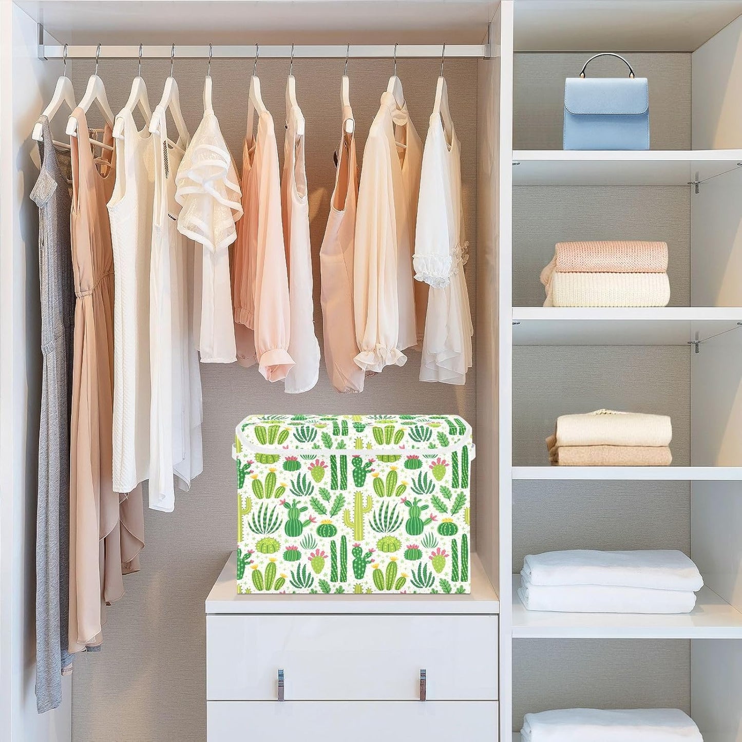 Large Collapsible Storage Bins with Lids, Green Cacti Storage Baskets Organizer Containers with Handles for Clothes