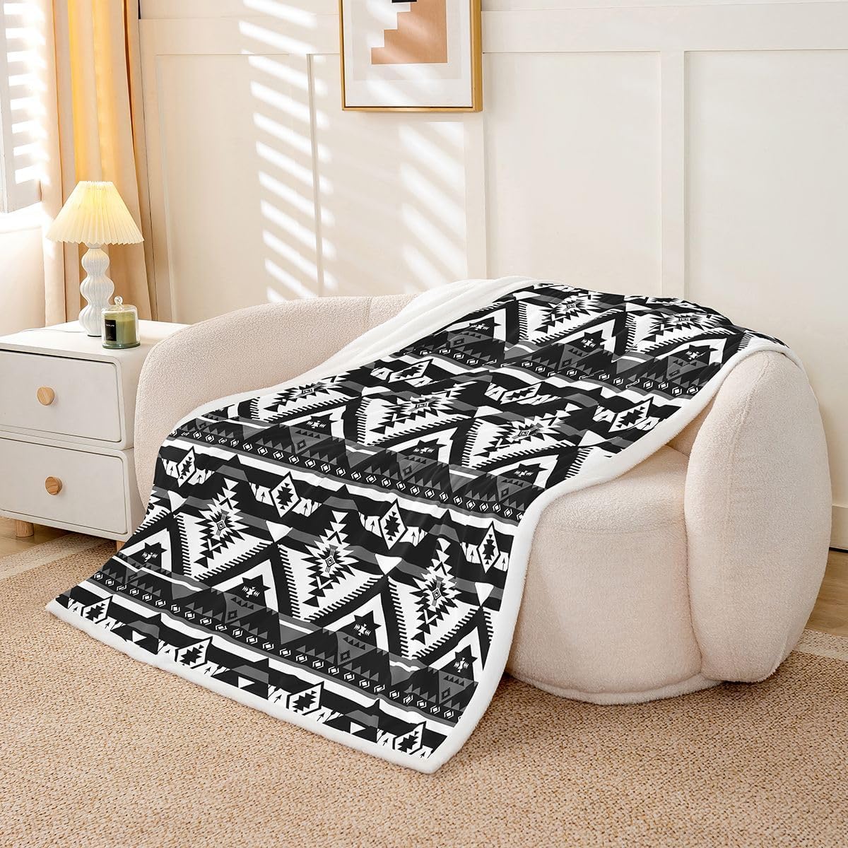 Feelyou Western Sherpa Throw Blanket for Couch Southwestern Aztec Super Soft Cozy Fleece Geometric Vintage Blanket for Winter, Plush Throw Boho Tribal Throw 50"x60" Black and White All Season