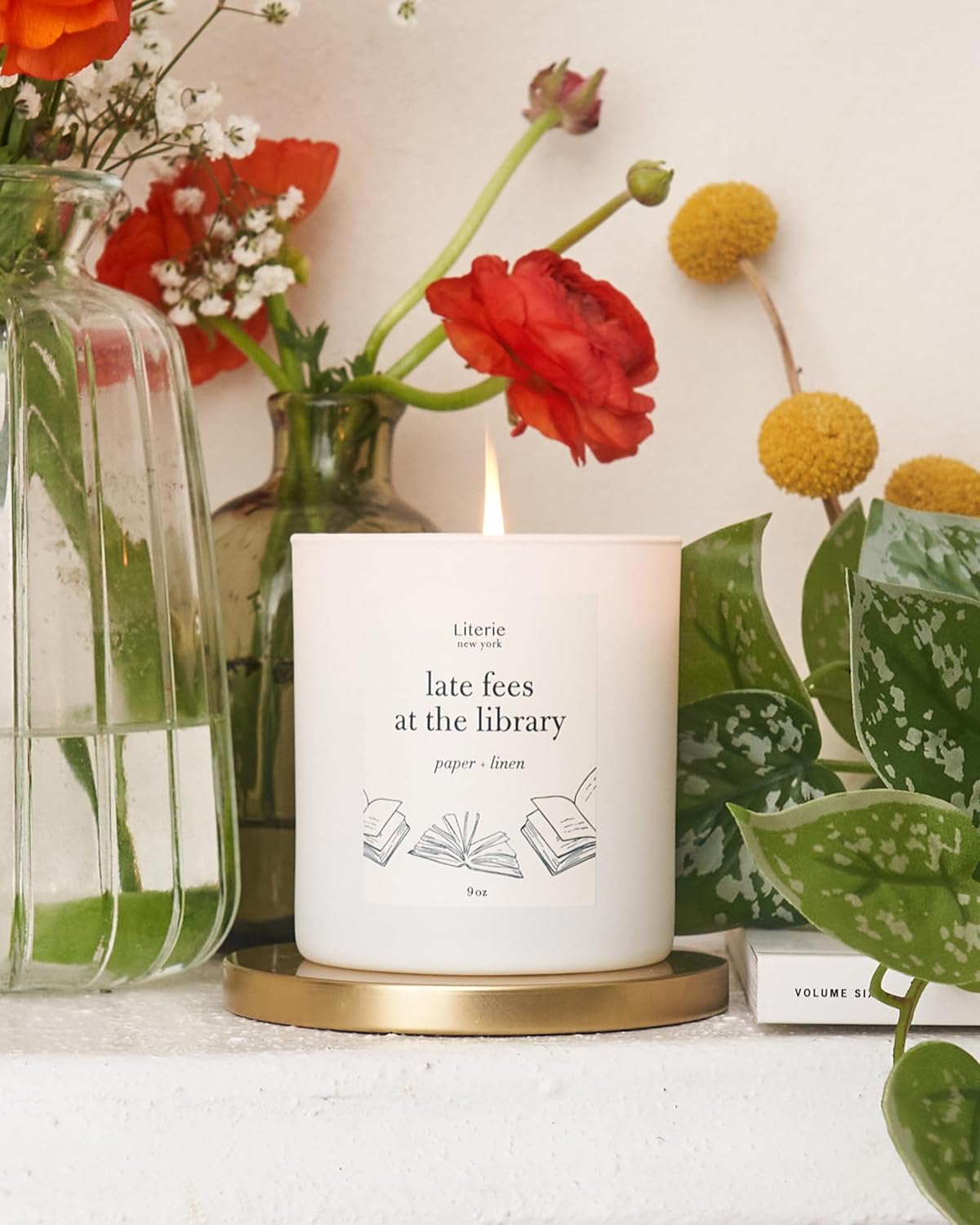 Literie NYC Inspired Scented Candle: Late Fees at The Library - Paper & Linen Scent, 9oz, 50 Hour Burn, Vegan Soy & Coconut Blend Candle for Home Decor, Gift for Women & Men