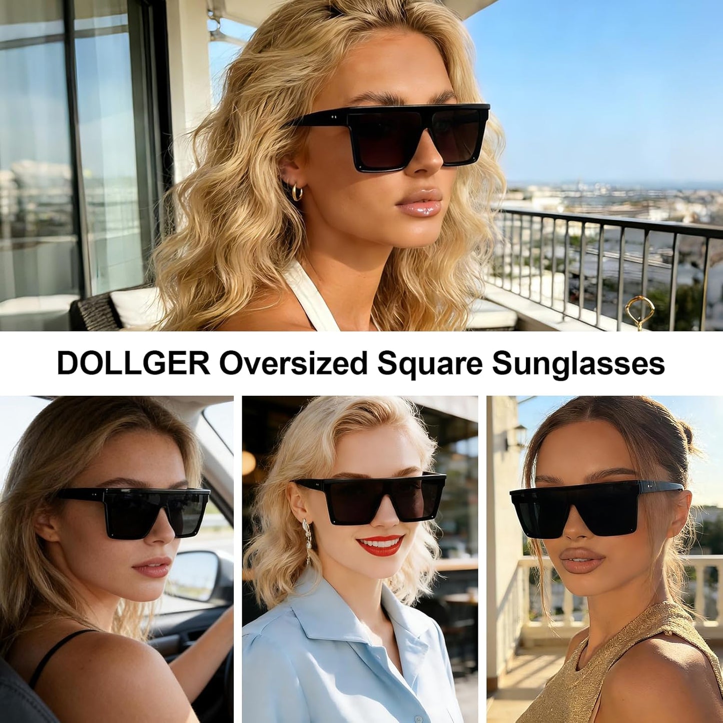 Dollger Square Oversized Sunglasses for Women Men Fashion Flat Top Big Black Frame Shades