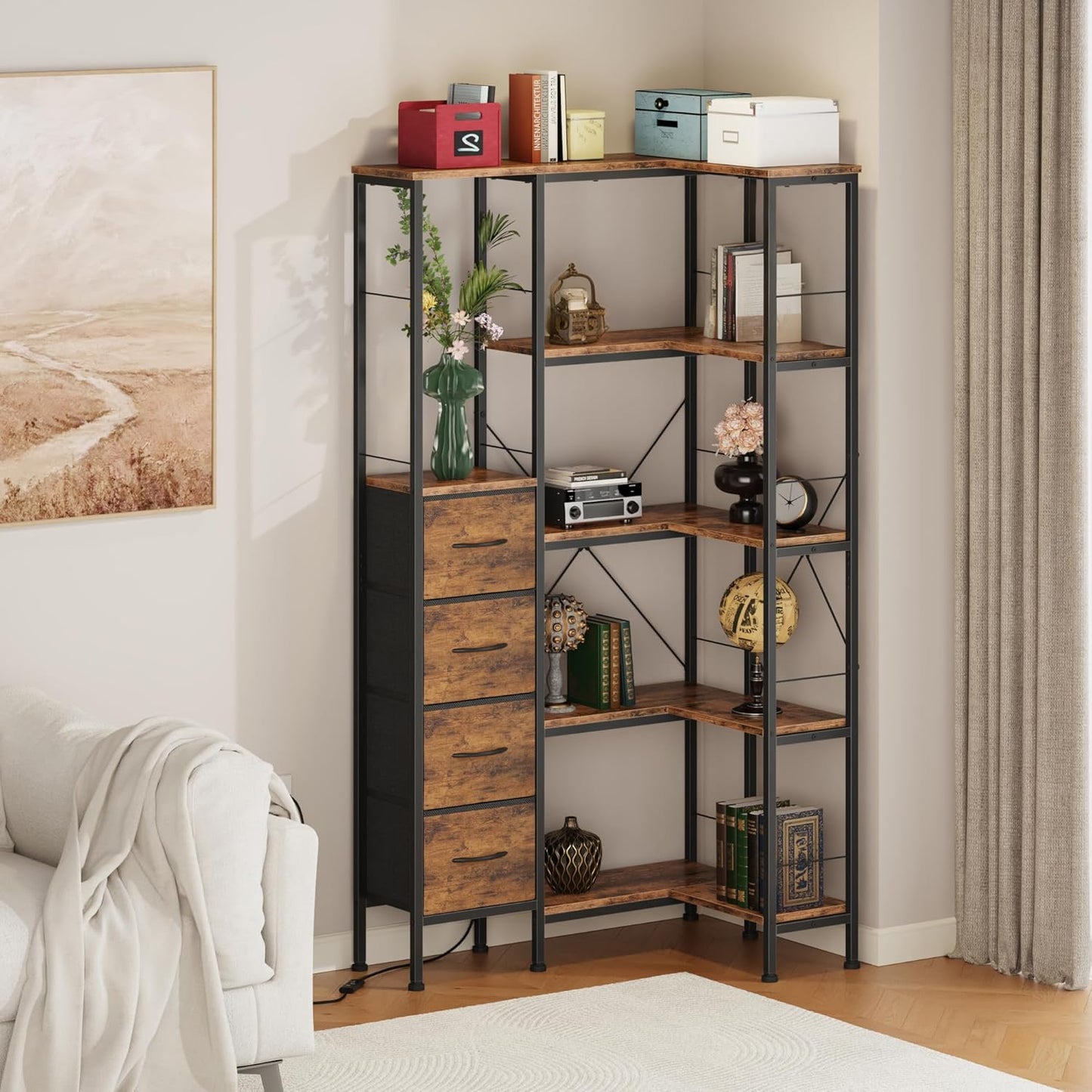Corner Bookshelf with LED Light Strips & 4 Fabric Drawers, 5-Tier Convertible Corner Shelf with Display Shelf, Large Wood Industrial Bookcase for Living Room, Bedroom, Home Office, Rustic Brown