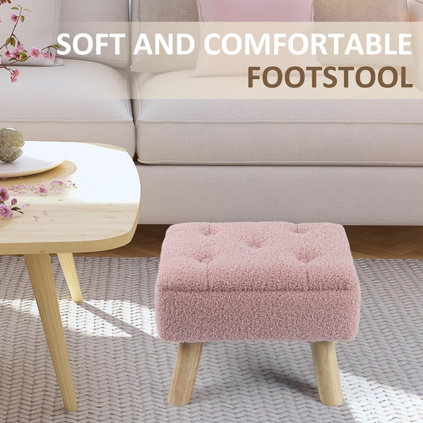 Storage Ottoman, Small Foot Stool Ottoman with Storage, Boucle Teddy Velvet Foot Rest with Padded Seat, Sturdy Wood Legs Stool for Living Room, Bedroom, Couch, Enterway (Pink)