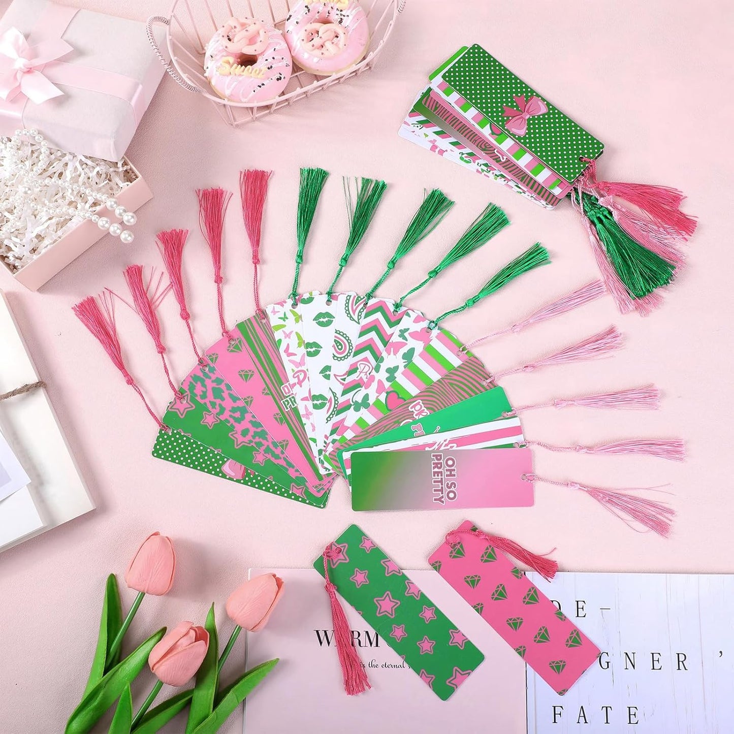 30 Set Pink and Green Sorority Bookmark with Tassels African American Pretty Sister Gifts for Women Sisterhood Party Favors Book Lover Reading Accessories