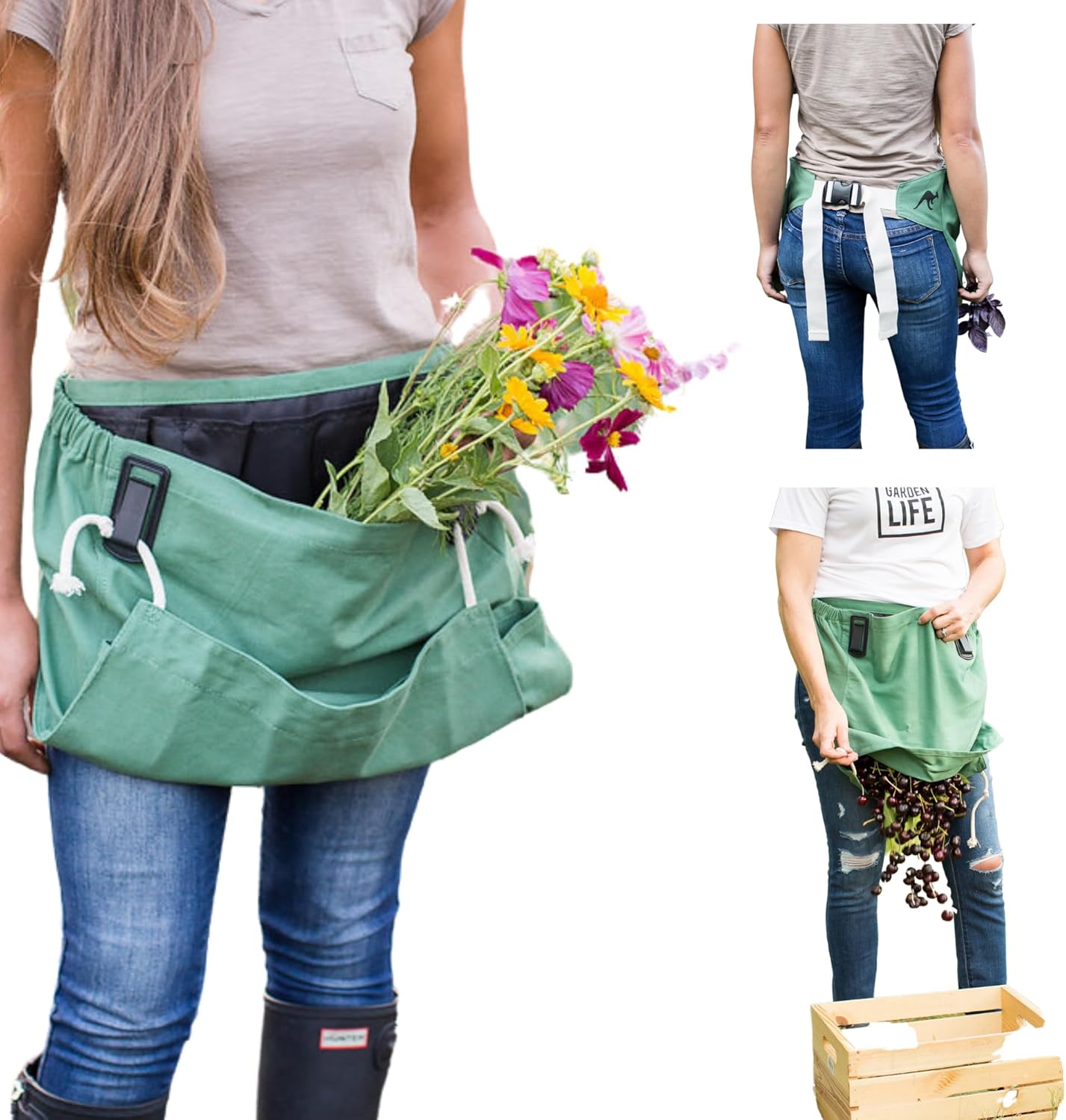 The Roo Joey Apron Gardening with Pockets and Harvesting, Picking Pouch - Adjustable, Water-resistant, Washable Canvas Cotton Great Gardener Gift Leaf Green Joey - Waist Apron