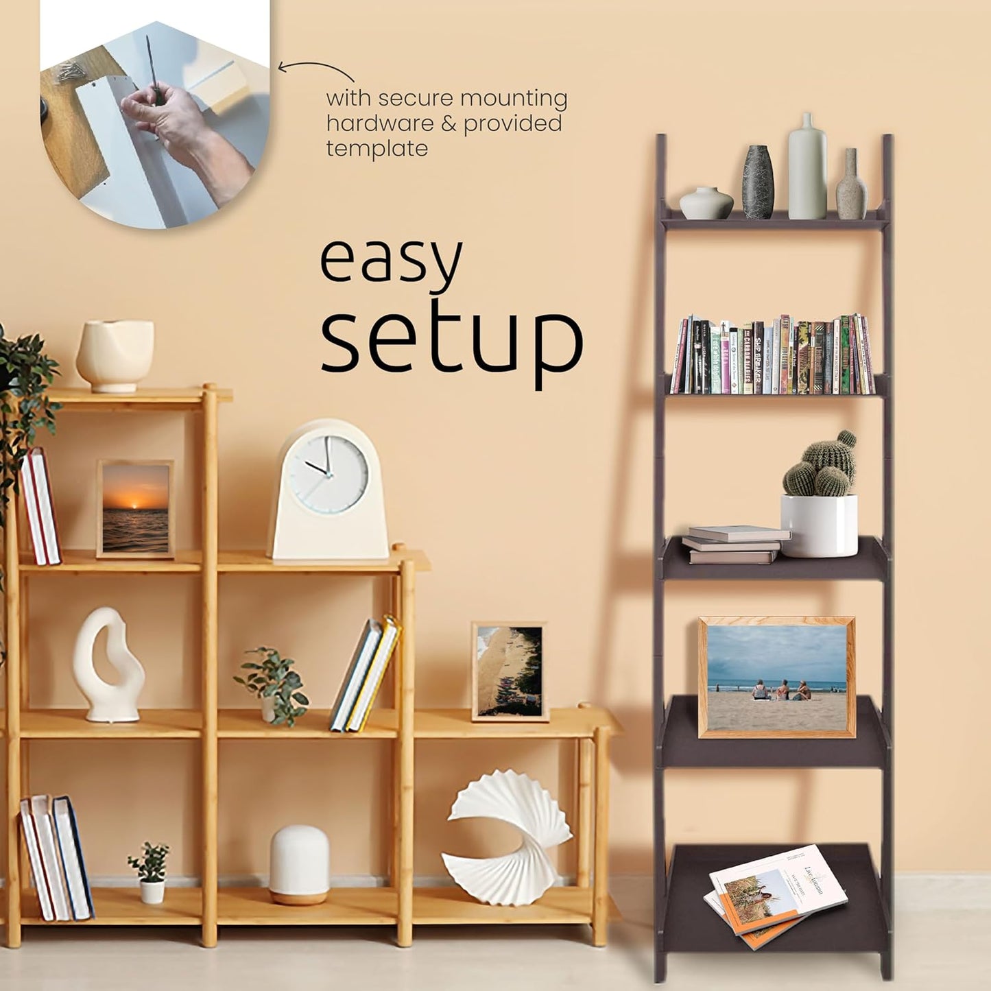 Kiera Grace Providence Hadfield 5 Tier Ladder Shelf, Leaning Bookshelf Storage Rack for Home, Office, 18" x 67", White