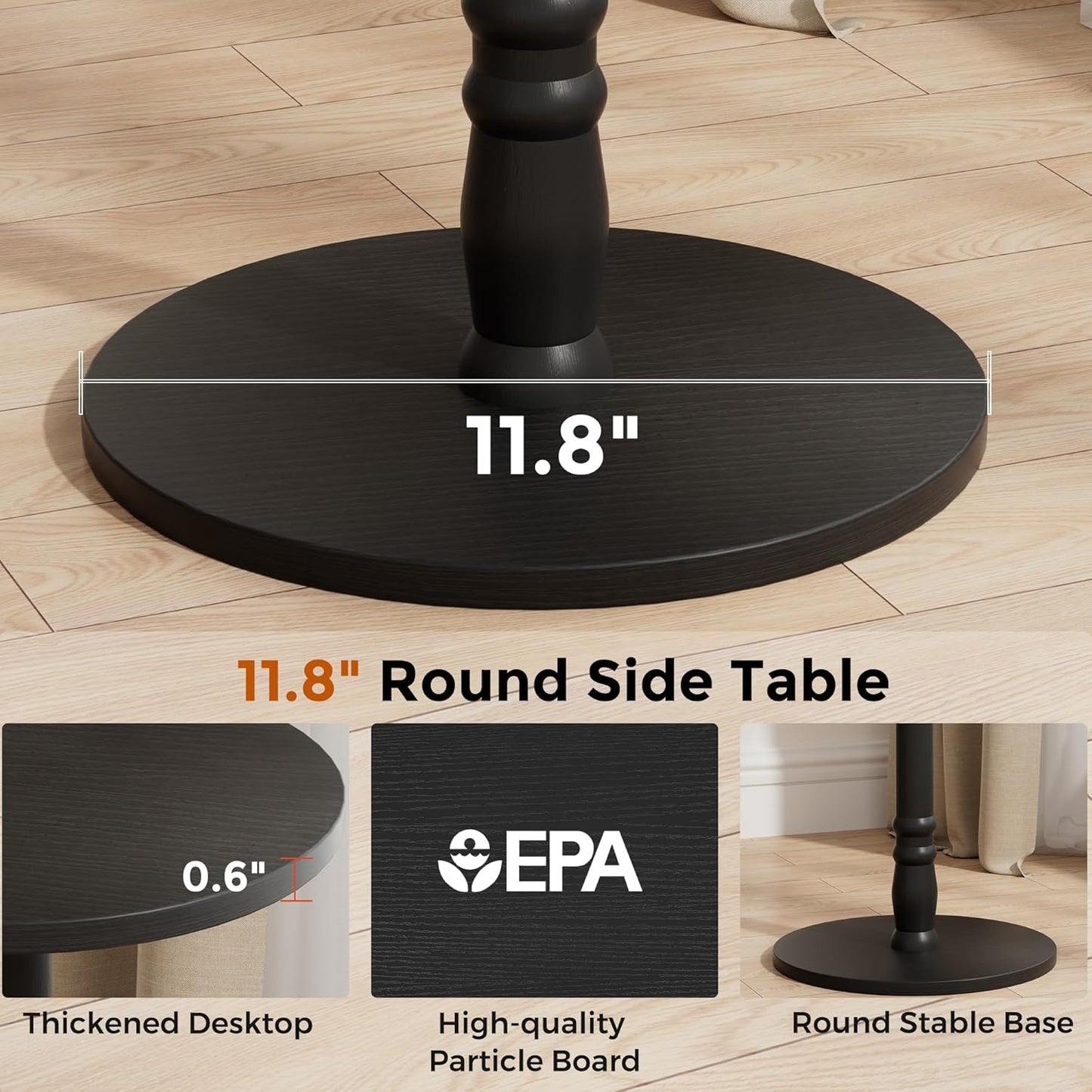 12" Round Side Table, Solid Wood Pillar with Wood Top & Base, Small Drink Accent Table for Living Room, Bedroom, Sofa & Office, Easy Assembly, Black