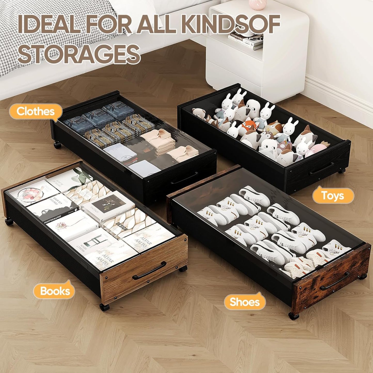 KITHELP Under Bed Storage with Wheels, Wooden Under Bed Drawers 2 Packs, Rolling Underbed Storage Containers Organizer with Handle Removable Lid, Heavy Duty Metal Frame for Clothes Shoe Books(Black)