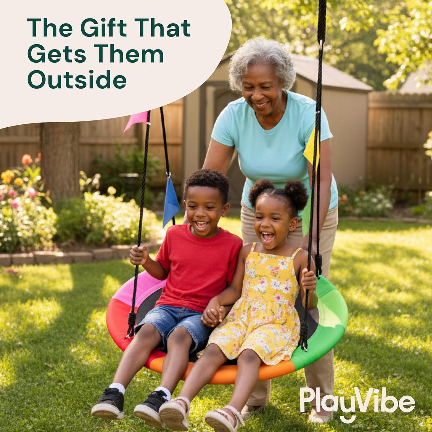 PLAYVIBE 40" Saucer Swing for Kids Outdoor - Gifts for Indoor Playroom & Birthday - Tree Swing Set for Backyard, 440 lb Capacity - Multicolor 600D Oxford Fabric & Adjustable Ropes, Straps & Carabiners