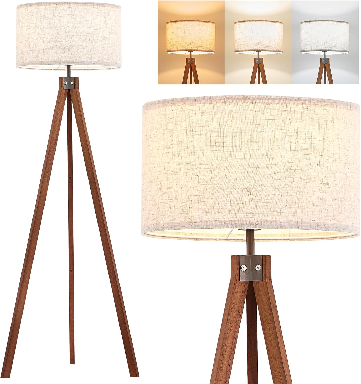 ELYONA Solid Wood Tripod Floor Lamp with 3 Color Temperatures LED Bulb, Mid Century Modern Reading Standing Light Nature Linen Shade Tall Night Light for Bedroom Living Room Office Study Room, Brown