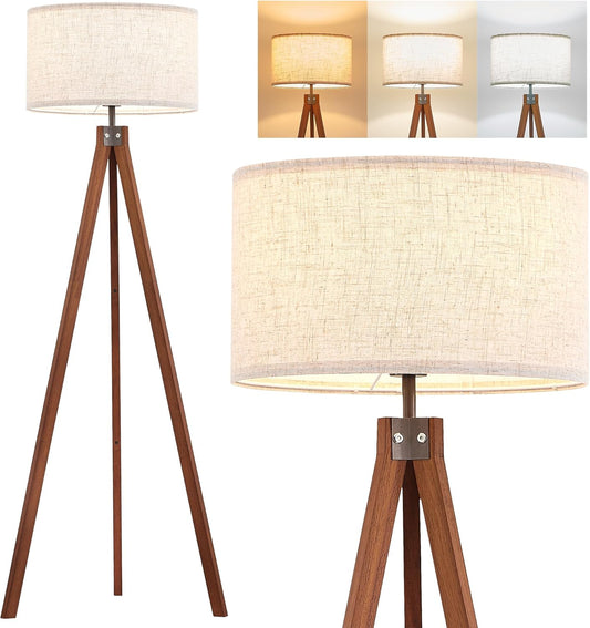 ELYONA Solid Wood Tripod Floor Lamp with 3 Color Temperatures LED Bulb, Mid Century Modern Reading Standing Light Nature Linen Shade Tall Night Light for Bedroom Living Room Office Study Room, Brown