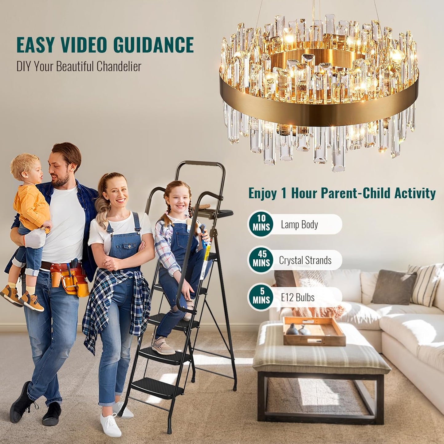 Siljoy Modern Crystal Chandelier, 12-Light Dimmable Brass Gold K9 Crystal Raindrop Chandelier, Luxury Adjustable Crystal Pendant Ceiling Light for Living Dining Room Kitchen Island Entry Foyer D19.7''