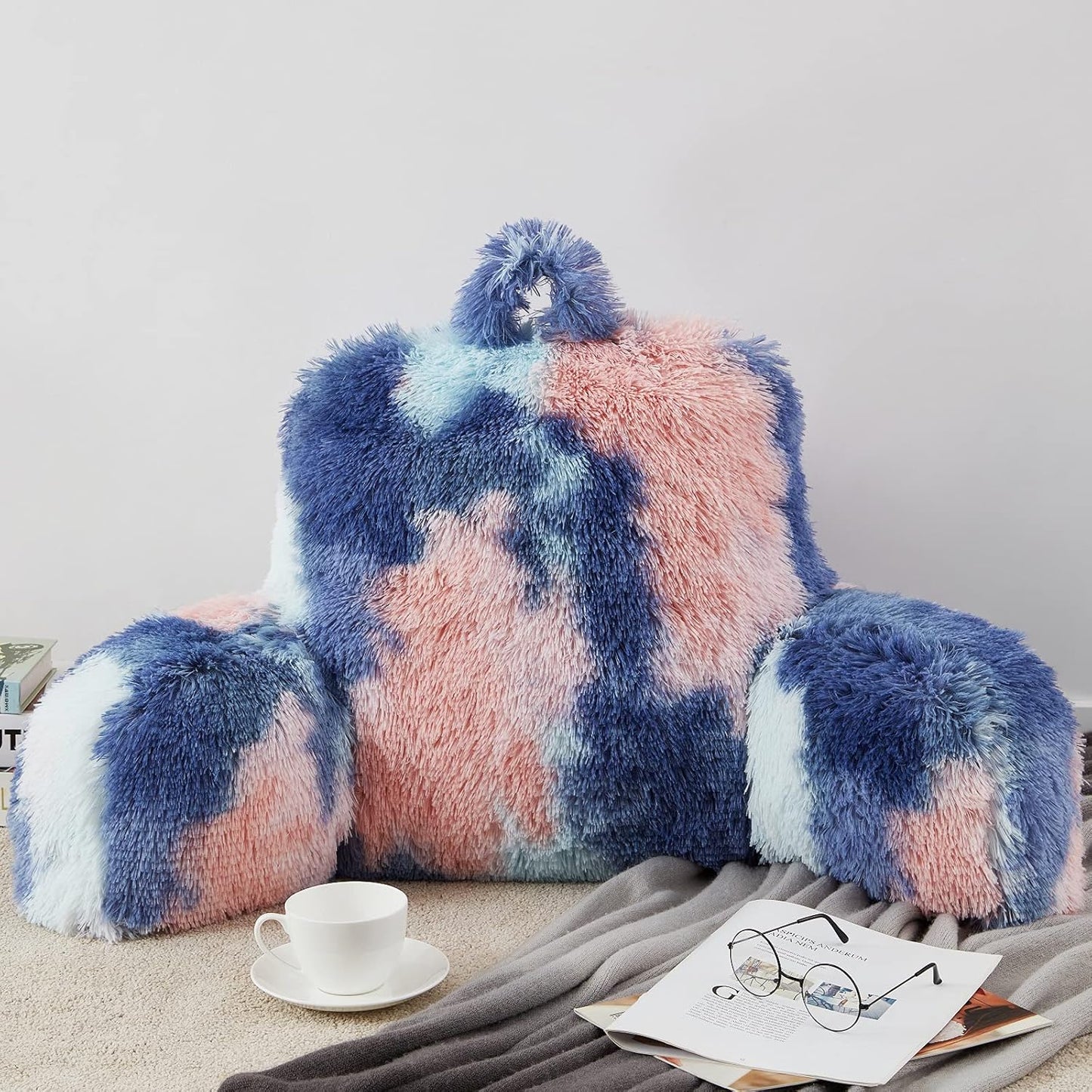 Faux Fur Reading Pillows - Big Size 30x17x17 Inches with Premium Pure White Micro Fiber Stuffing, Students & Kids Backrest Pillow, Bed Rest Pillow, Unique Colorful Design, Awesome Gift