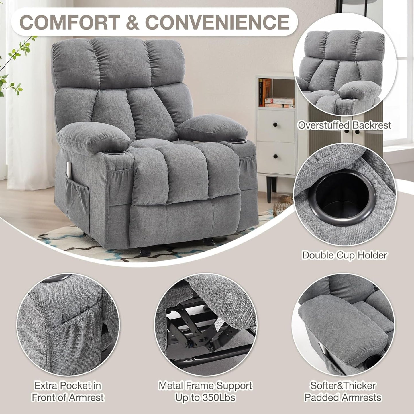 Ergonomic Rocking Lounge Chair Massage Rocker Recliner Chair for Living Room Comfy Overstuffed Recliner with Heat and Vibration Grey with USB Charge Port 4 Side Pockets 2 Cup Holders